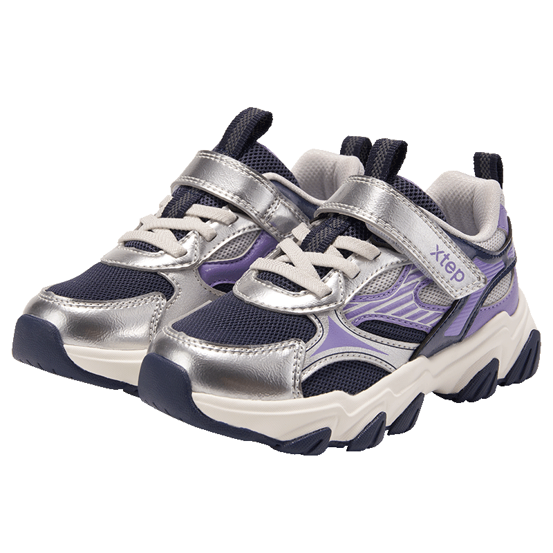 XTEP Kids Starfall Retro Dad Sneakers Leather Velcro Sports Shoes Purple/ Silver/ Wisteria Purple Size 32