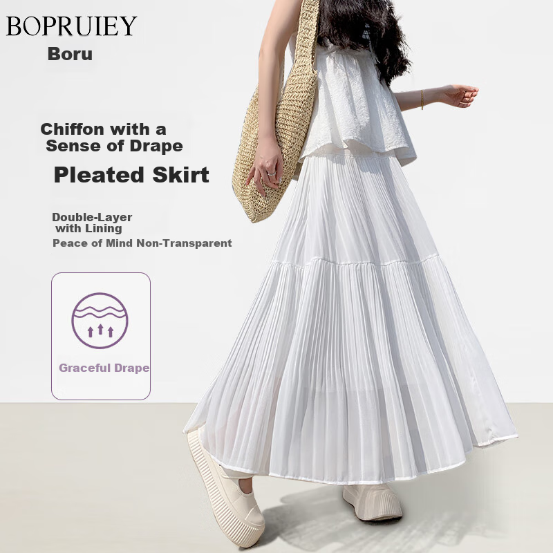 BOPRUIEY Pleated Chiffon Skirt for Women, Summer High-Waist Draping Gentle Elegant A-Line White Long Skirt