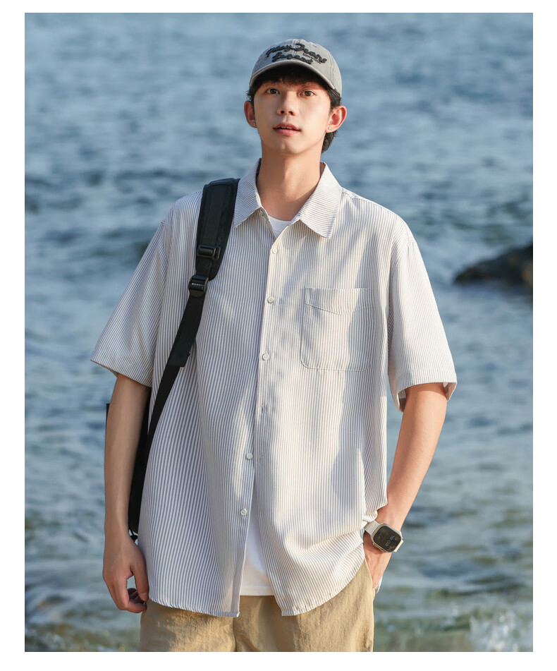SWAMP AREA Japanese-Style Short-Sleeve Shirt for Men, Summer Trendy Versatile Loose Striped Workwear Shirt Jacket CS2512 Blue XL 3