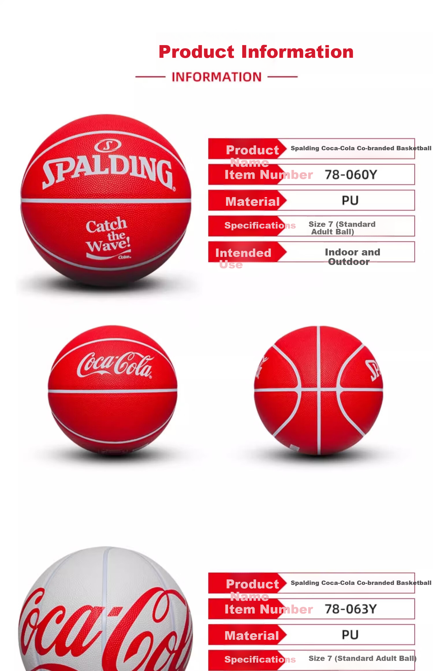 SPALDING Basketball, Coca-Cola Co-Branded No.7 PU Indoor/outdoor Standard Basketball, Red And White Color Scheme 9