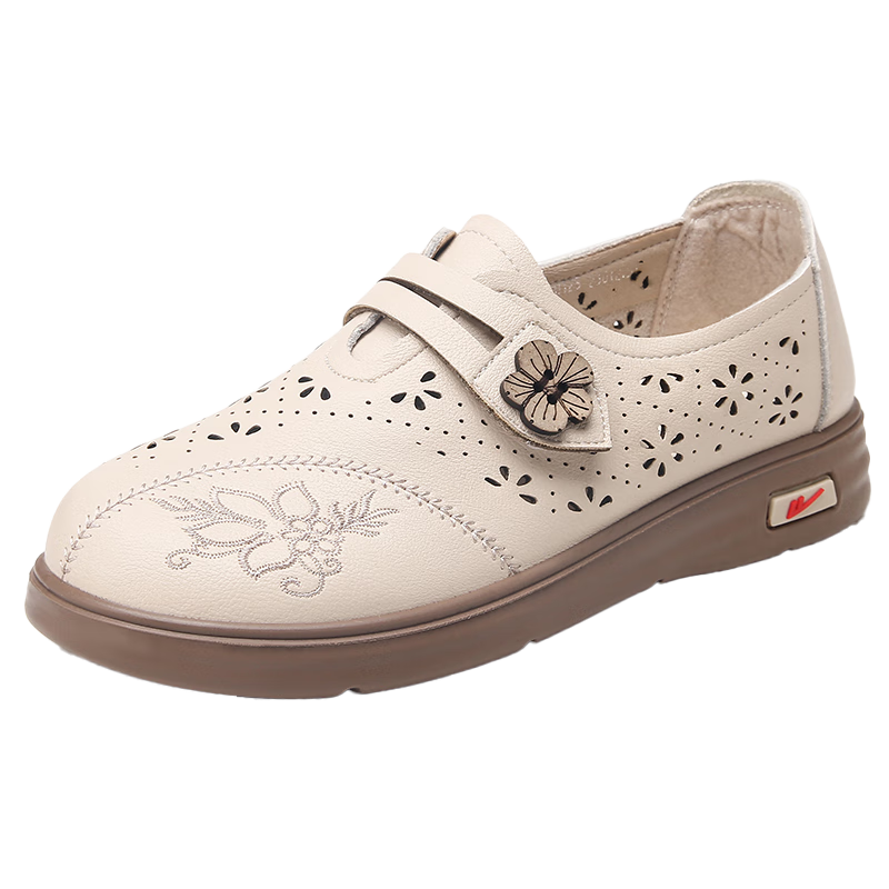 Huili Mom Shoes, Single Shoes, Summer Leather Shoes, Comfortable Soft Sole, Middle-Aged Women's Hollow Non-Slip Sandals, 0125 Beige, Size 40