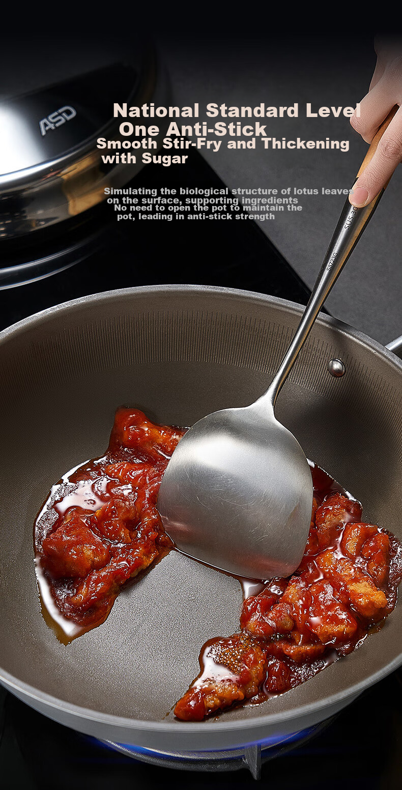 ASD Non-Stick Wok with Pure Titanium Coating, Stainless Steel Home Use Titanium Pan, Non-Stick Compatible with Gas And Induction Cooktops, 32cm Z1 11