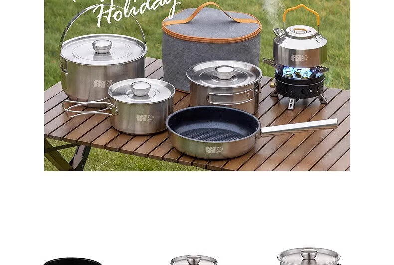 TAN XIAN ZHE 304 Stainless Steel Outdoor Cookware Set with Cassette Stove Camping Full Set Cooking Pot Kettle 6