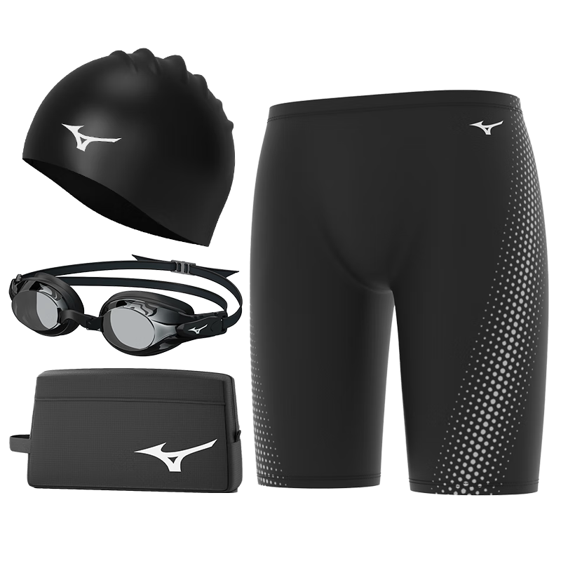MIZUNO Men's Swim Trunks, Swimming Goggles Set of Four, Knee-Length Professional Anti-Embarrassment Swim Cap Equipment, 1127 Black 2XL