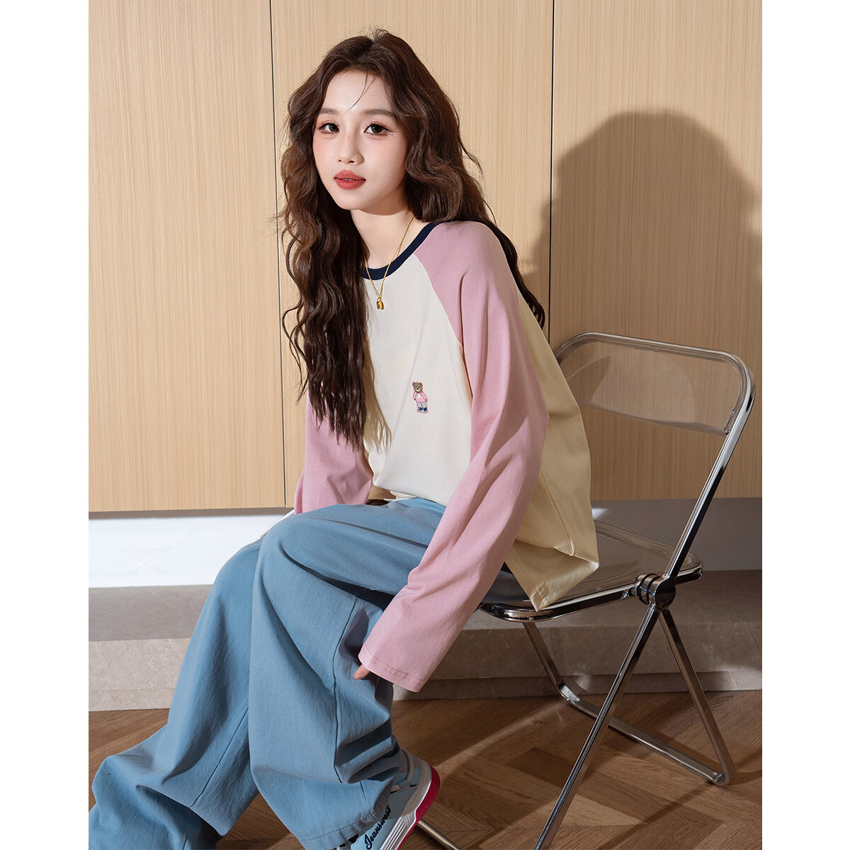 TonLion 2026 Autumn And Winter Long-Sleeve T-Shirt for Women, Round Neck, Raglan Sleeves, Left Chest Lettering, Suitable for Outer Wear