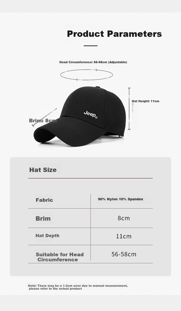 JEEP Baseball Cap for Men, Large Head Circumference, Outdoor Breathable Visor Cap, Sun Hat for Men And Women, Black 3