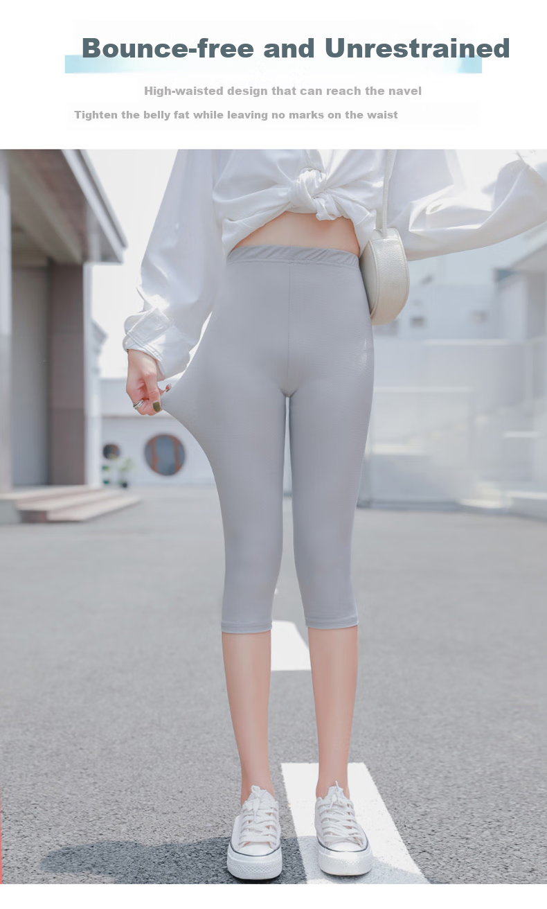 LangSha Ice Silk Leggings for Women, Summer Thin Seven-Point Pants, Elastic Slimming Magic Pants, Black Tight-Fitting Skinny Pants for Outer Wear 5