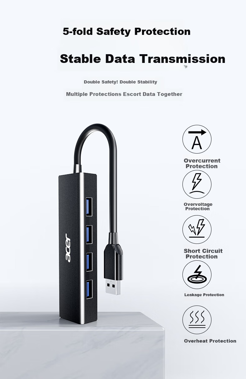 Acer USB 3.0 Hub, Expansion Dock, High-Speed 4-Port Hub Adapter, Compatible with Desktop Computers And Laptops, Multi-Port Converter, Extension Cable, 1 Meter 13