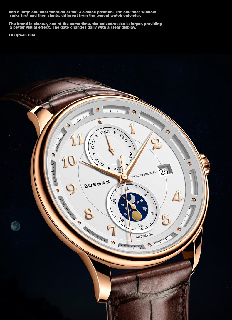 BORMAN BORMAN German Certified Men's Mechanical Watch, Fully Automatic Multifunctional Luxury Watch, Rose Gold Case with White Dial And Brown Leather Strap 6