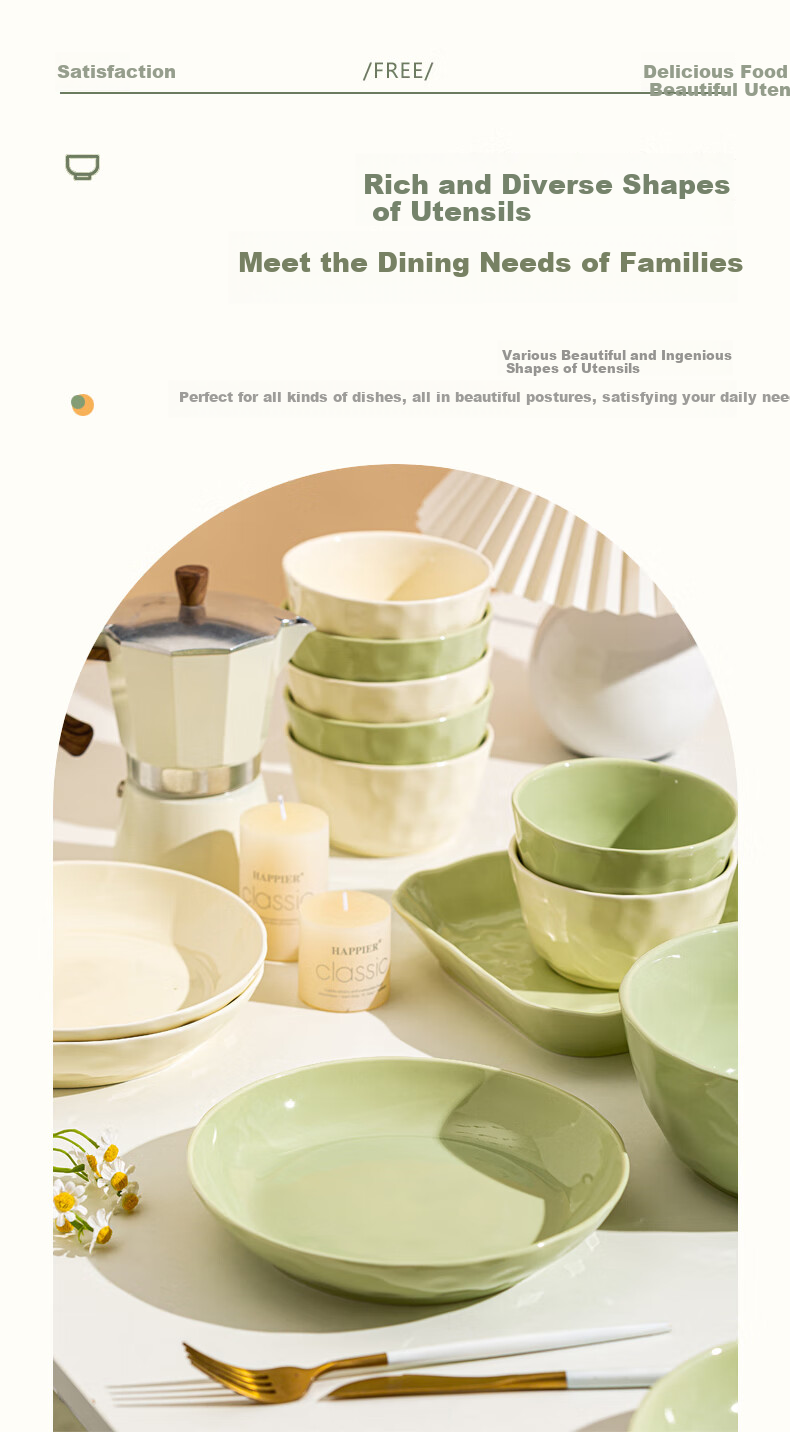 KANGQIN Cream-Colored Bowl And Plate Set, Home Use Underglaze Color High-Value Housewarming Tableware, 4-Person Dining Upgrade Gift Box for Mid-Autumn Festival 6