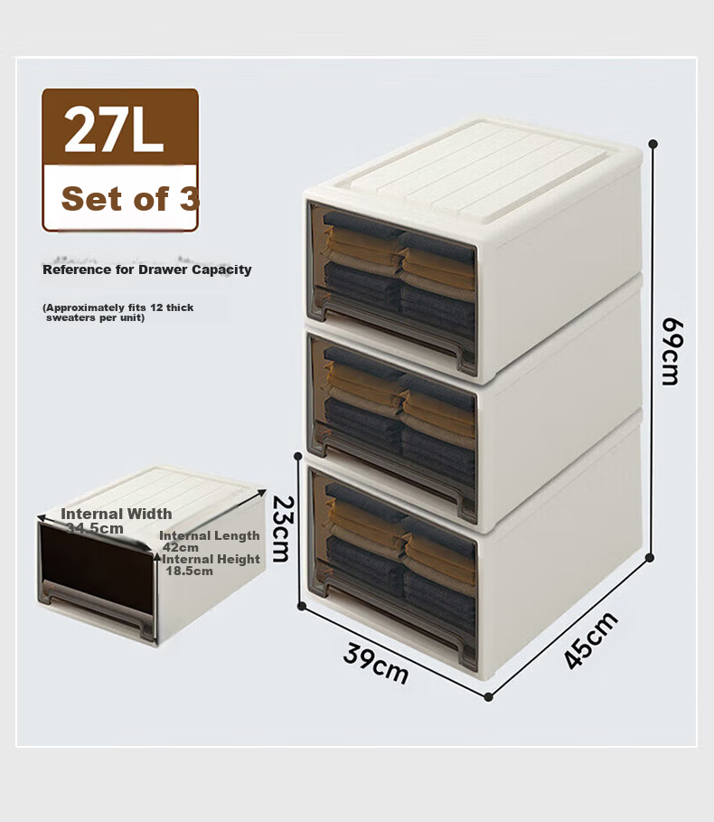 Baicaoyuan Plastic Storage Box, Drawer-Style Organizer Cabinet, Storage Container for Underwear And Clothes, Extra Large Size, Pack of 3 13