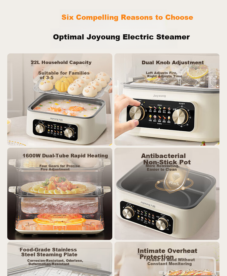 Joyoung 22L Three-Layer Large Capacity Electric Steamer Pot with Dual Rotary Timer And Heat Control, Breakfast Pot, Steamed Bun Pot DZ220HG-GZ536 1