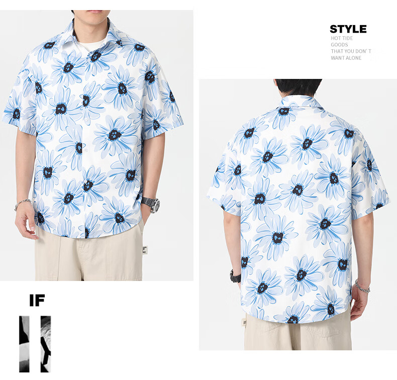 CLOR American Style Ice Silk Shirt Men's Spring and Autumn Printed Short Sleeve Loose Jacket CLCX11 Blue Rhythm Baby Flower 3XL 3