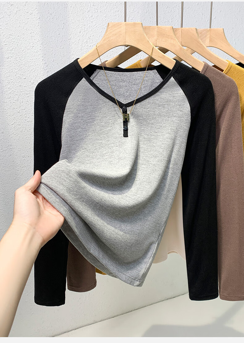 MiiOW Long-Sleeve T-Shirt Base Layer for Women, 2025 New Arrival, Early Autumn And Winter V-Neck Color Block Raglan Slimming Top 8