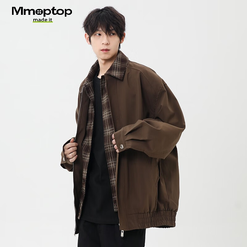 MMOPTOP American Style Two-in-One Plaid Spliced Lapel Jacket Autumn Winter Men's Windproof Coat MJK22 Coffee M
