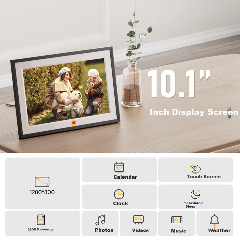 KODAK Digital Photo Frame, 10.1-Inch HD Electronic Album, Smart Touchscreen, Remote Photo And Video Transfer, Black