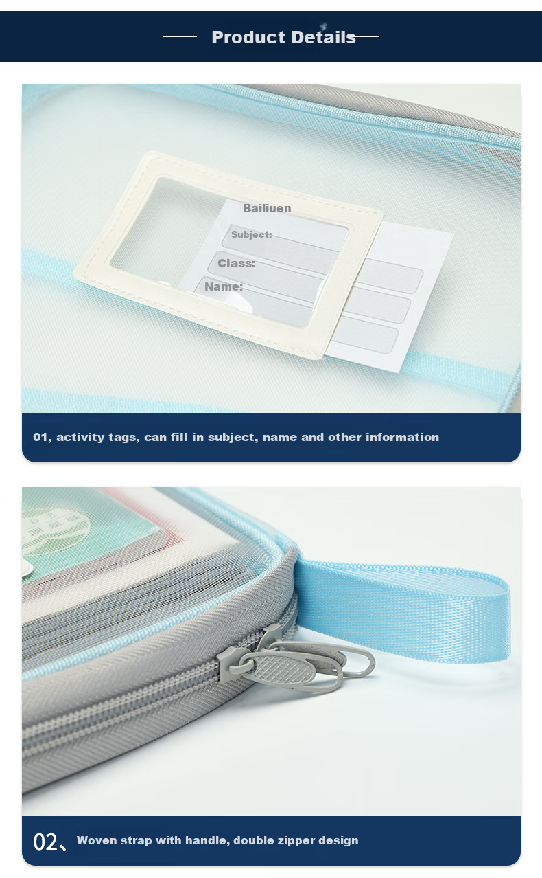 Bailiwen F6656 (L-Shaped) Blue A4 Mesh Subject Bag, Zipper Pouch, Handheld Storage Bag, Three-Layer Divided Stationery Bag, Subject Classification Bag, Book Storage Bag, Handheld Homework Bag, Document Pouch 7