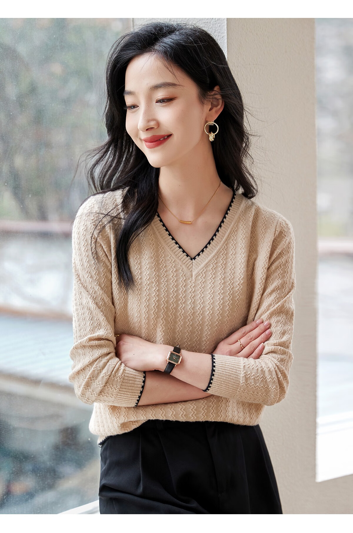 Chushen Women's Spring and Autumn Knitwear Fashionable Elegant V-Neck Color-Block Collar Long Sleeve Base Shirt S141Z3649 12