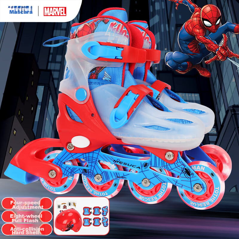 Disney Spider-Man Children's Roller Skates for Beginners, Inline Skates, Dry Ice Skates, Full Flashing Straight Row, Essential for Physical Education Class, Gift-Giving