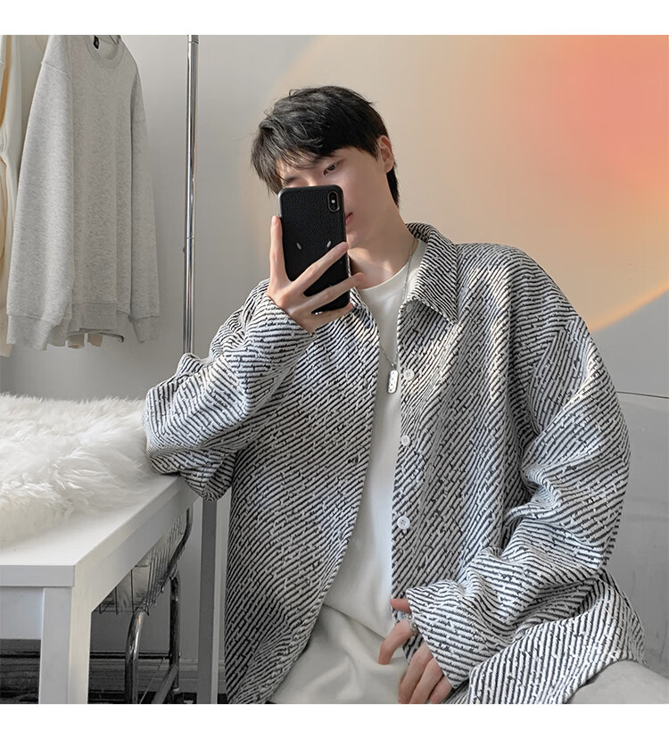 Dingfengbaoluo American Style Fishbone Pattern Jacket Men Autumn Lapel Loose Textured Casual Long Sleeve Shirt XJM65 Black M 24