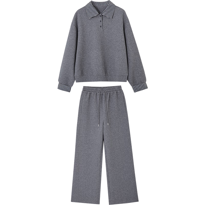 Demana Comfort Elastic Air Layer Set Autumn Simple Style Striped Lapel Sweatshirt and Elastic Waist Wide Leg Pants Women's Two-Piece Set