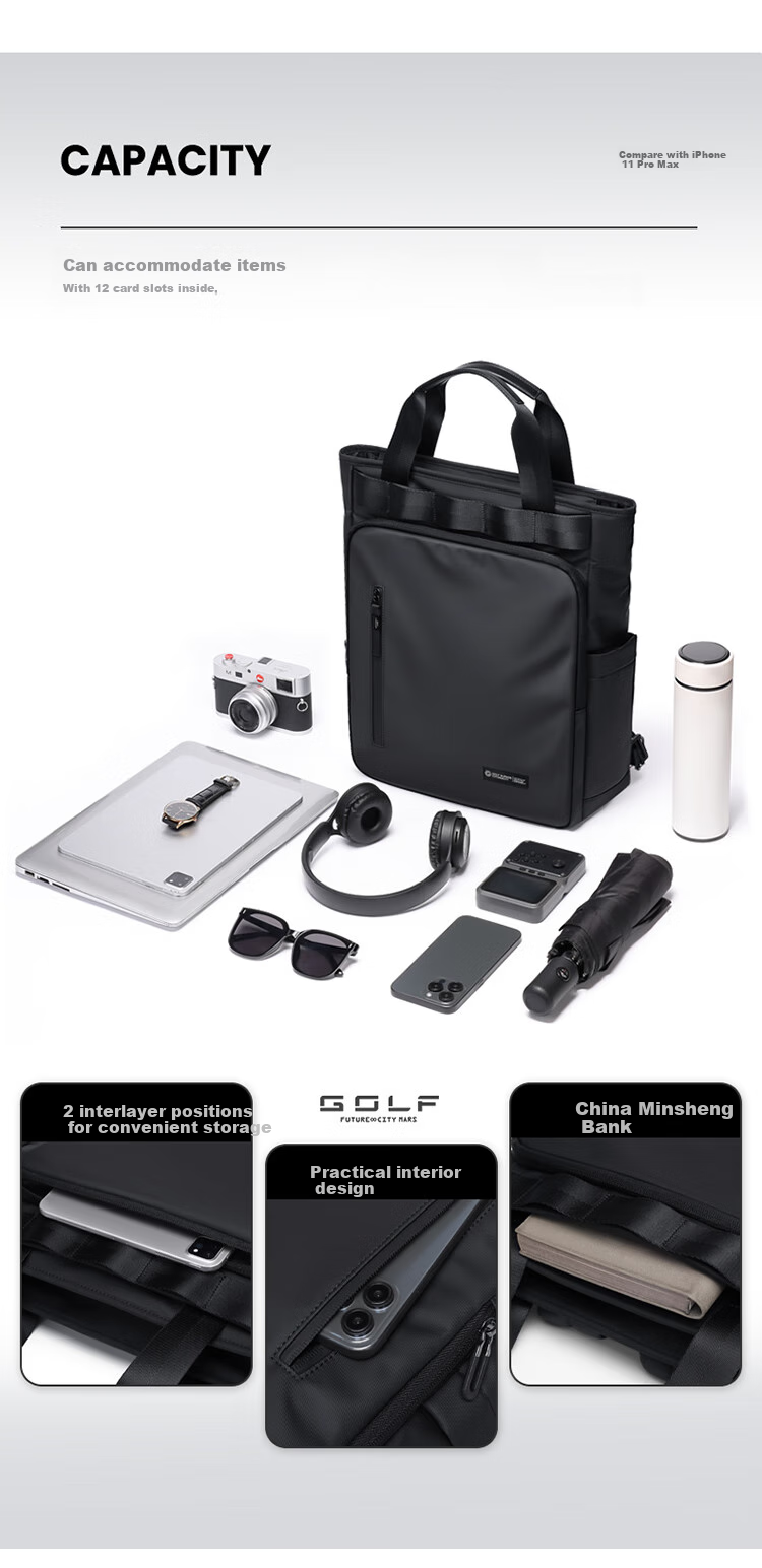 GOLF Backpack for Men, Travel Bag with 15.6/16 Inch Laptop Compartment, Student Schoolbag, Handheld Briefcase, Business Trip Bag 6