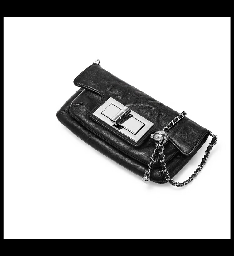 Mood Top-Grain Leather Chain Bag for Women, Black Small Square Bag, Autumn/winter Commuter Shoulder Crossbody Bag, Light Luxury Women's Handbag 17