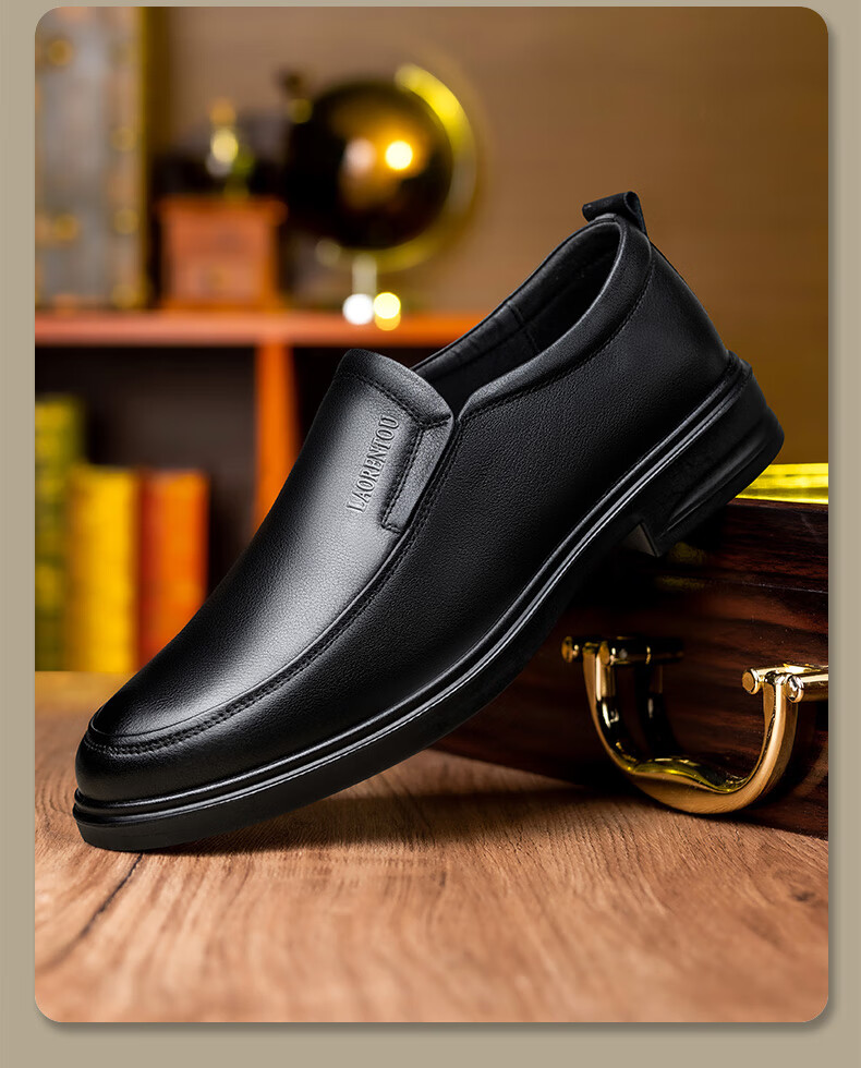 LAORENTOU Men's New First Layer Cowhide Breathable Non-slip Slip-on Middle-aged Business Casual Leather Shoes LA215 Black Size 40 12