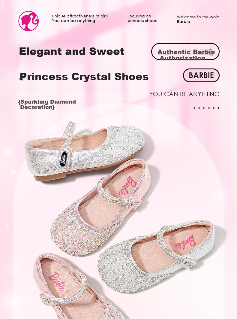 Barbie Girls' Shoes, Spring And Autumn Cute Princess Style Crystal Shoes, Fashionable Leather Shoes for Girls DA6723, Silver, Size 35 1