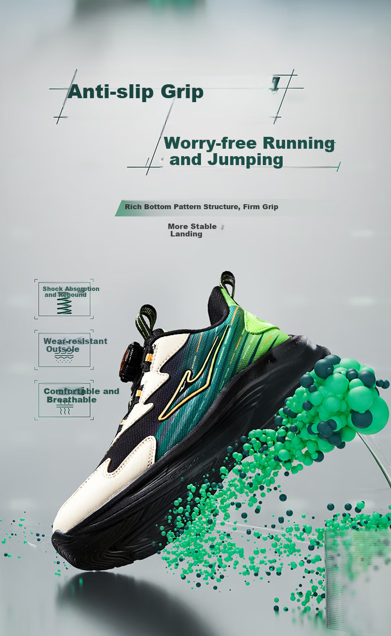 ERKE Children's Shoes, Big And Small Kids Running Shoes, Children's Rotary Buckle Sneakers, Yufeng Black/fluorescent Digital Green, Size 40 5