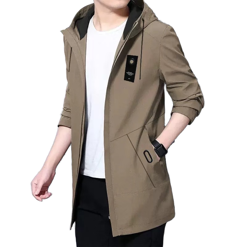 TUCANO Men's Spring and Autumn Casual Loose Mid-Length Trench Coat Jacket Hooded Korean Style Khaki 3XL