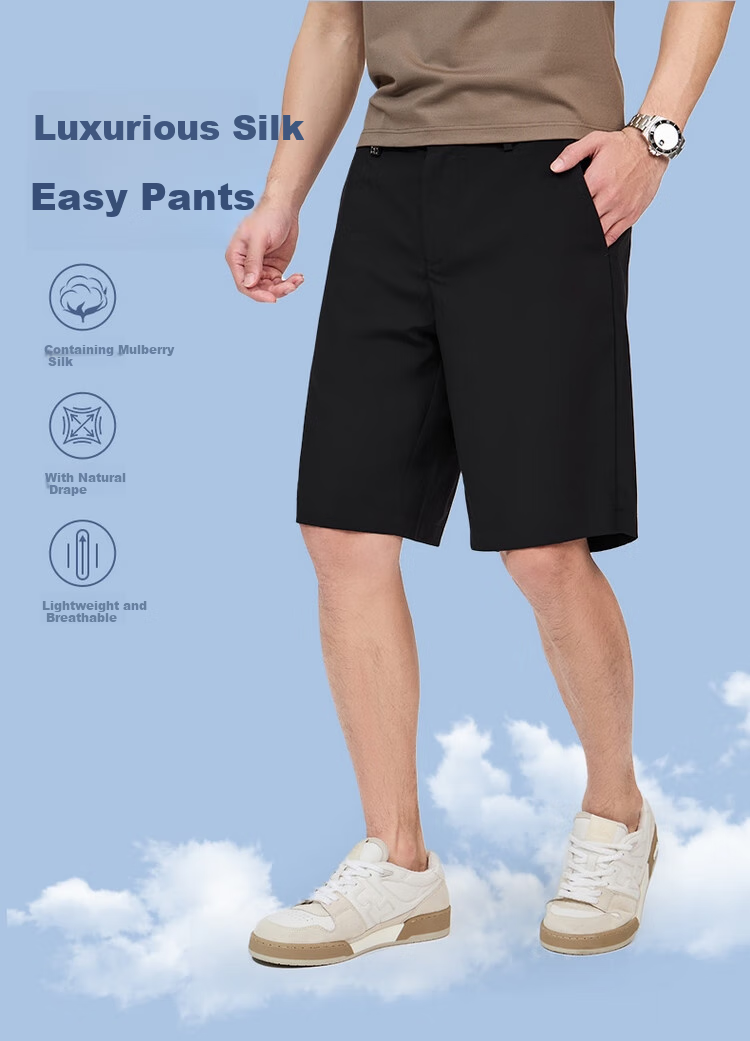 DANCING WOLVES [Cool Mulberry Silk] Four-Way Stretch Summer Commute Versatile Casual Shorts for Men, 001 Black, Size 38 1