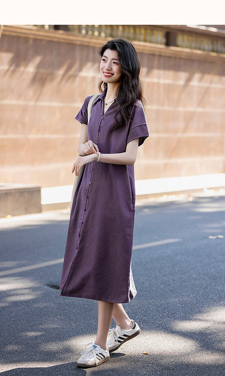 Dme Practical Summer Simple Style Lapel Cloud Cotton Loose Comfortable Short Sleeve Women's Denim Dress 15