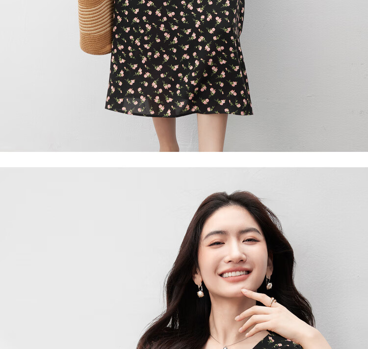 Sentubila V-Neck Trumpet Sleeve Floral Print Dress for Women, Summer Waist-Cinching Slimming A-Line Floral Dress, Romantic Mid-Length Dress with Rose Patter 11