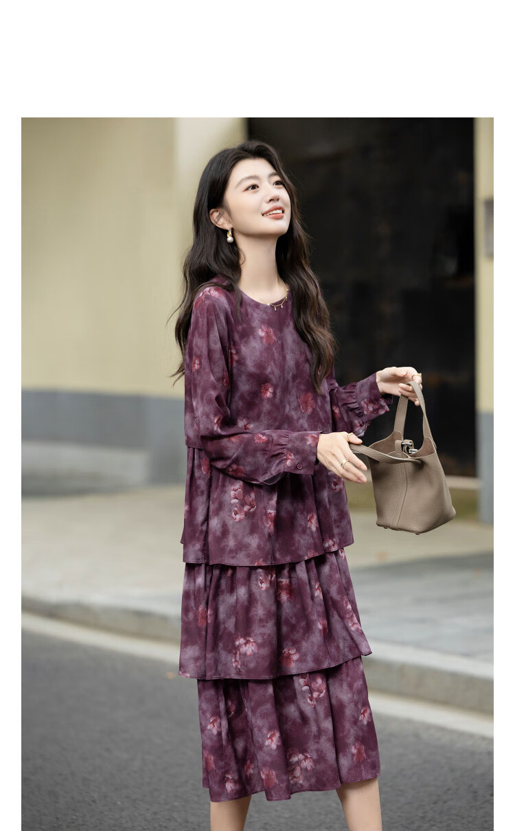 Demana [Peach Blossom Wrinkle Print] Autumn French Soft Style Cake Dress Loose Waist Slimming Elegant Women's Dress 8