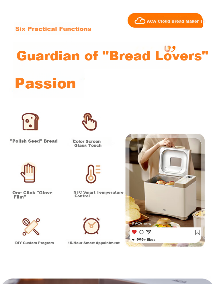 ACA Home Fully Automatic Bread Maker, Dough Kneader And Mixer, Breakfast Machine with Large Capacity, Smart Seasoning Dispenser, Pressed Aluminum Inner Pot, T5 5