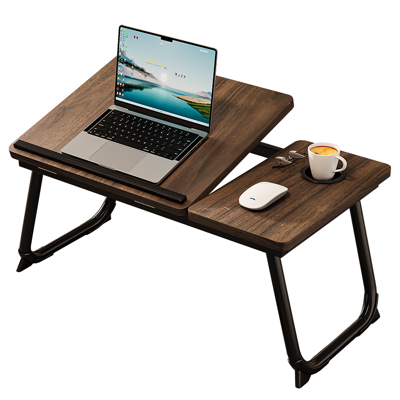 Huiersi Adjustable Laptop Bed Table, Height Adjustable Folding Bedside Desk with 5 Levels, Side Flip, Dormitory Study Reading Small Table Board A55 [Walnut Color]