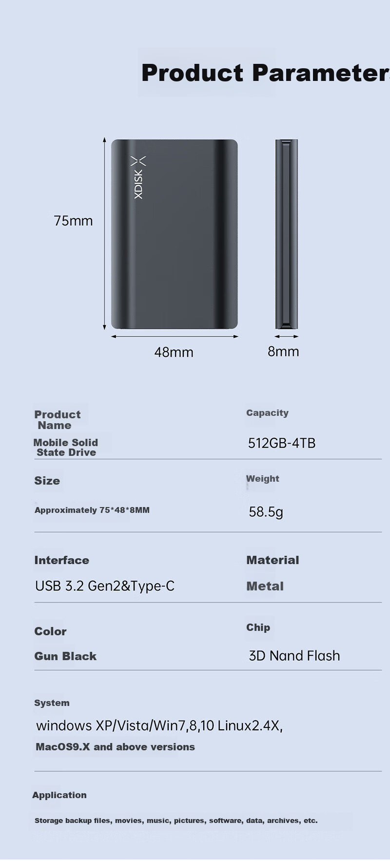 Xiaopan (XDISK) 2TB Portable Solid State Drive (PSSD), M10P Gun Black, NVMe SSD, Type-C, Yangtze Memory, USB3.2, Direct Phone Connection, 2050MB/s 14