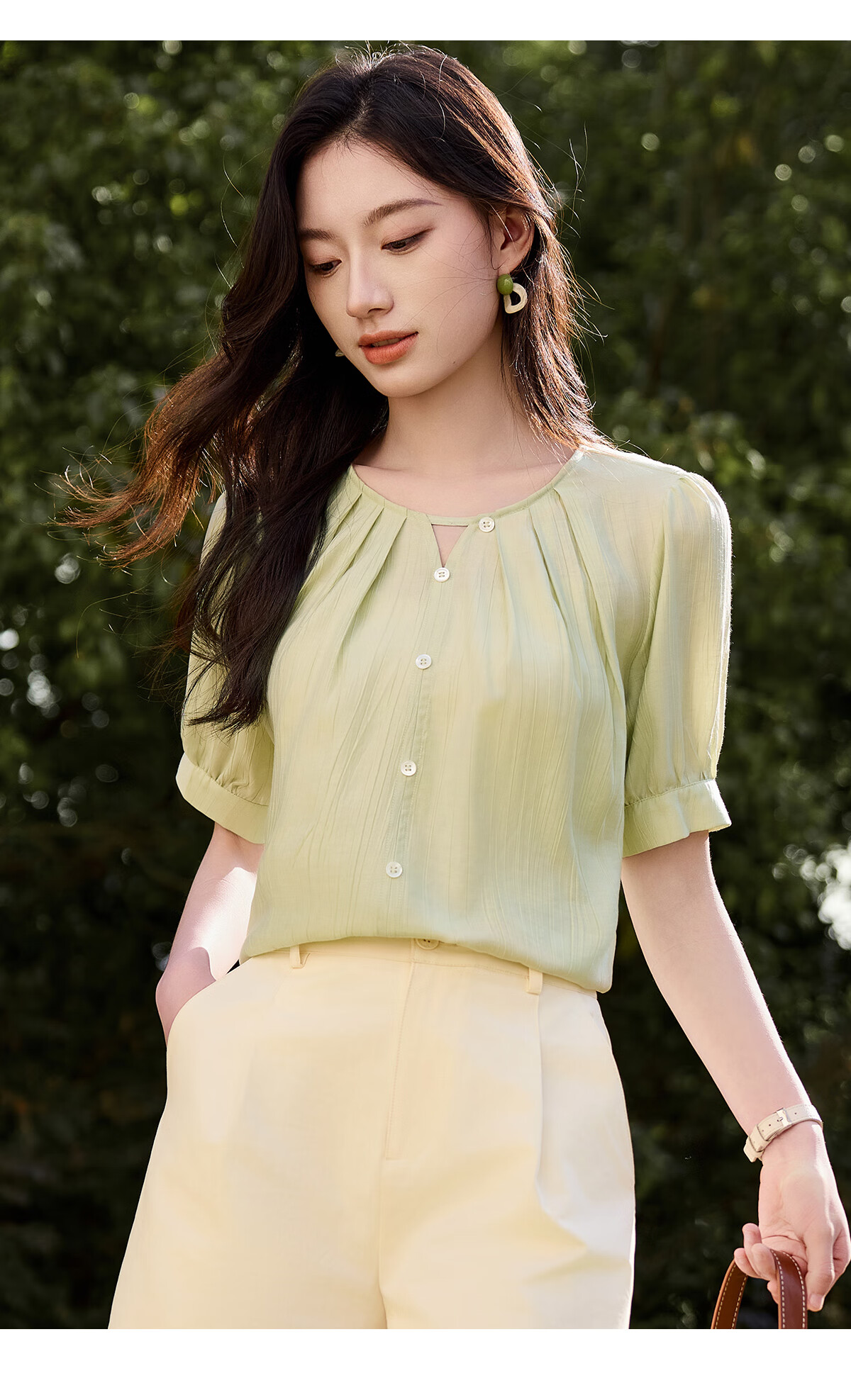 Chushen Summer Women's Short Sleeve Shirt V-Neck Hollow Out Elegant Vacation Style Chiffon Blouse S52X016 12