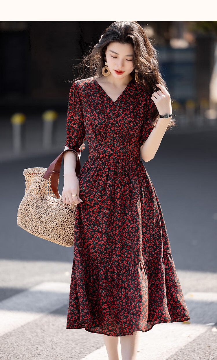 Demana [Passionate French Style] Summer Lightweight Chiffon Printed V-Neck Short Sleeve Waist-Cinched Ruffle Hem Elegant Women's Dress 15