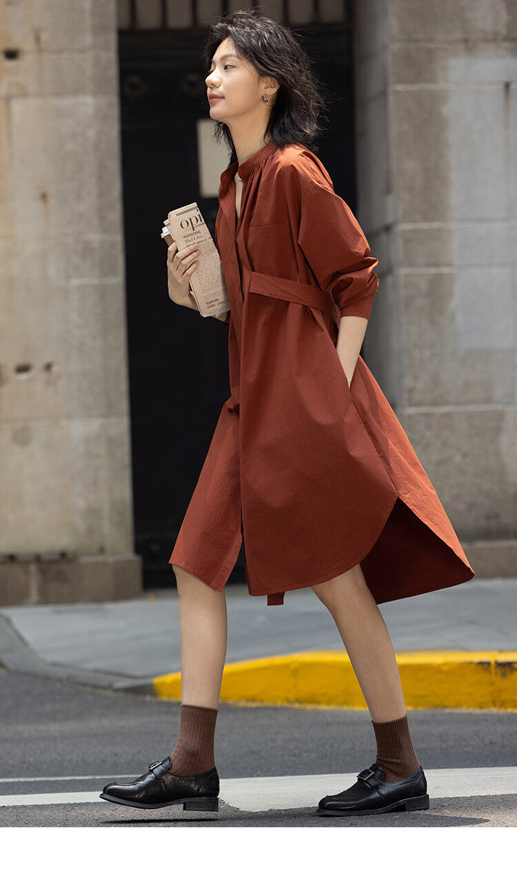 Dme Vintage Shirt Dress with Tie Waist, Niche Design, Loose-Fitting Slimming Dress, Rust Red, S 8