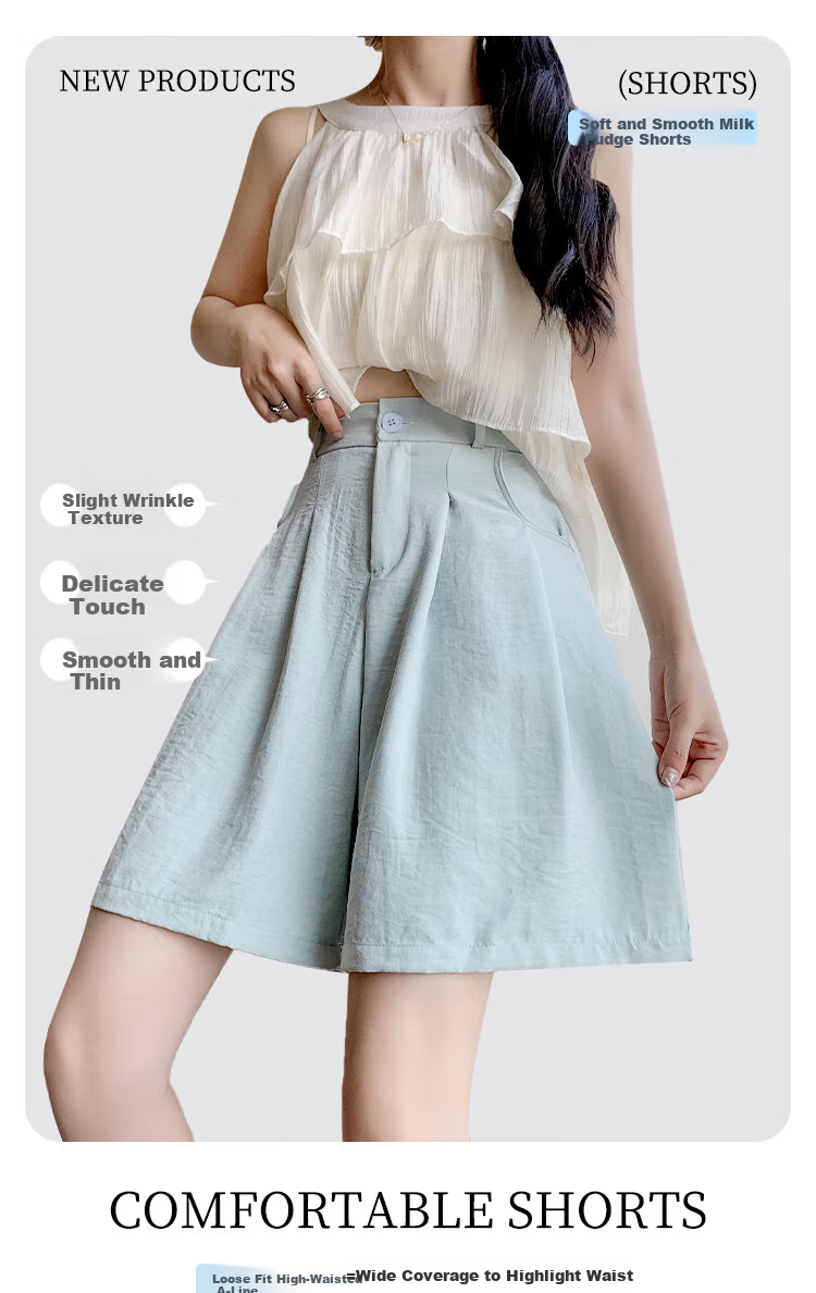 XUEXIMAN Puff Suit Shorts for Women, New Summer 2026 Style, Casual High-Waisted Draping Straight-Leg Slimming Wide-Leg Knee-Length Shorts 1