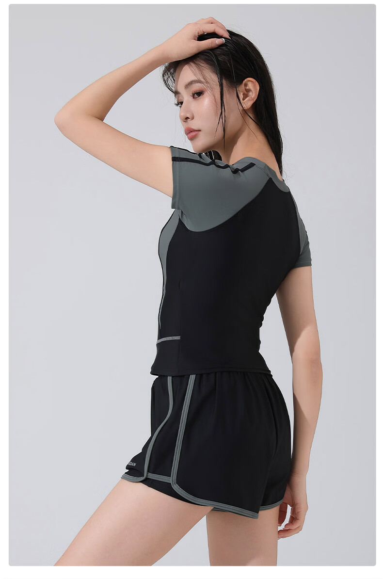 QIAODAN Women's Swimwear Two-Piece Short Sleeve High-End Sexy Conservative Casual Spa Competitive Swimsuit Black 3
