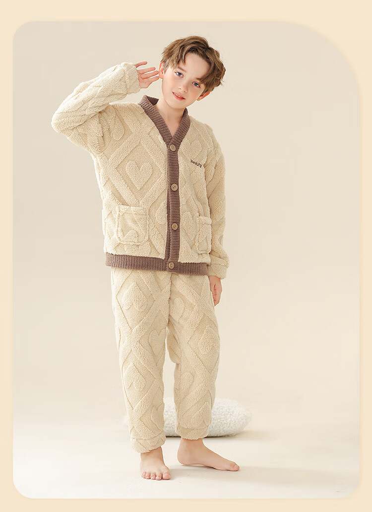 LangSha Fleece-Lined Thickened Flannel Children's Pajama Set Autumn Winter Boys Sleepwear Warm Clothes 12