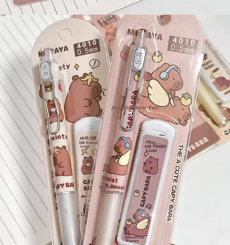 Shaonianban Mechanical Pencil Student Stationery, 0.5mm HB Lead Refill, Writing Continuous Core, Non-Slip Hand Protection, Capibara Pink Plastic, 4 Sets 3