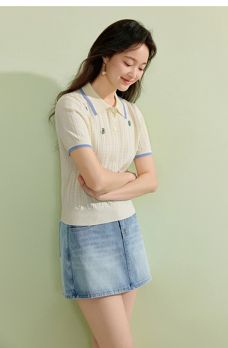Inman French Style Hollow Out Thin Knitwear 2026 Summer New Women's 3D Flower Short Sleeve Top Cream White L 10