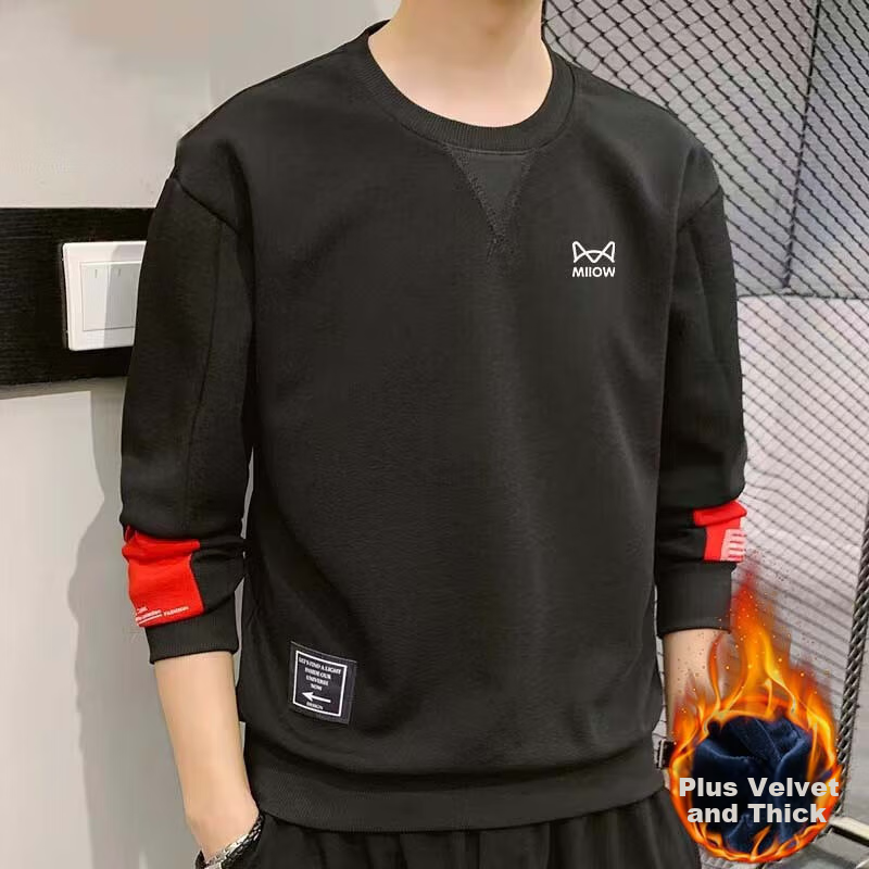 MiiOW Sweatshirt for Men, Spring And Autumn Long-Sleeve T-Shirt, Round Neck Casual Trendy Brand Top, Black, 3XL 19