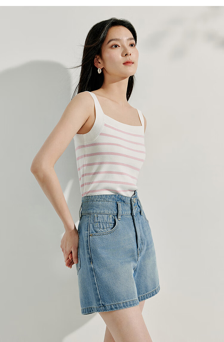 INMAN Striped Square Neck Knitted Camisole, 2026 Summer Women's New Short Fitted Top, Black, Size L 40