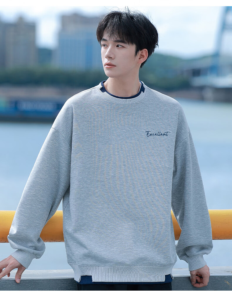 Huili Men's Sweatshirt, Autumn Simple Letter Print Long-Sleeve T-Shirt, Loose-Fitting Top, Round Neck Undershirt, Floral Gray, XL 13