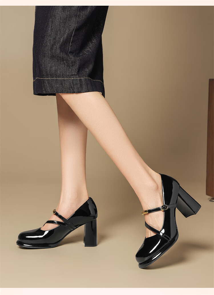 Daphne Women's Chunky Heel Mary Jane Shoes Autumn Patent Leather High Heels Low-Cut Single Shoes 4025404014 Black Size 36 11